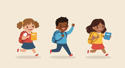 Dynamic cartoon illustration of a diverse group of happy elementary school children running together with backpacks and books, excited for school