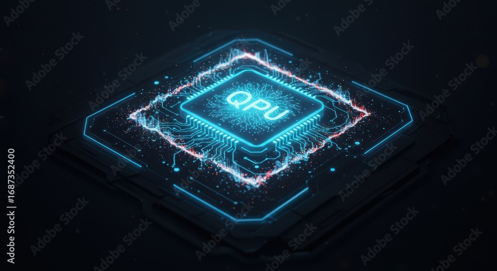 Aufkleber illuminated qpu quantum processing unit design glowing with electrifying blue energy on a dark futur