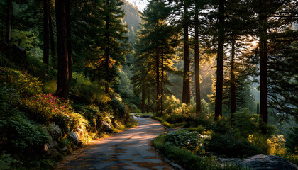 sunlit pathway through verdant forest canopy golden our illumination on windin road