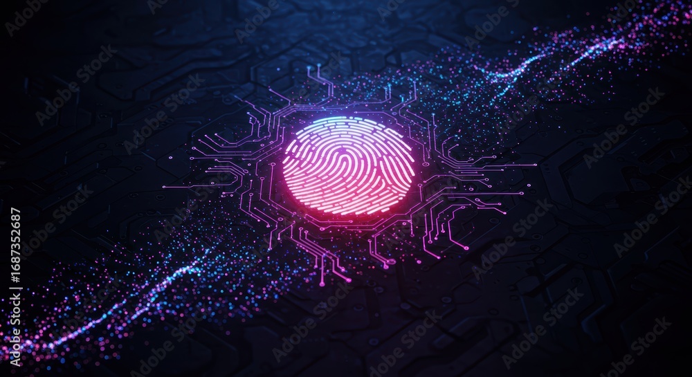 Aufkleber a vibrant fingerprint glows with interconnected circuitry and sparkling particles against a dark bac