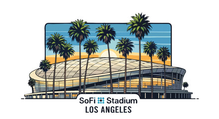 A cartoon illustration of sofi stadium in los angeles with palm trees and a sunset background