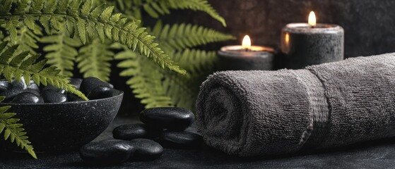 The serene spa setting with towels, stones, and calming candles.