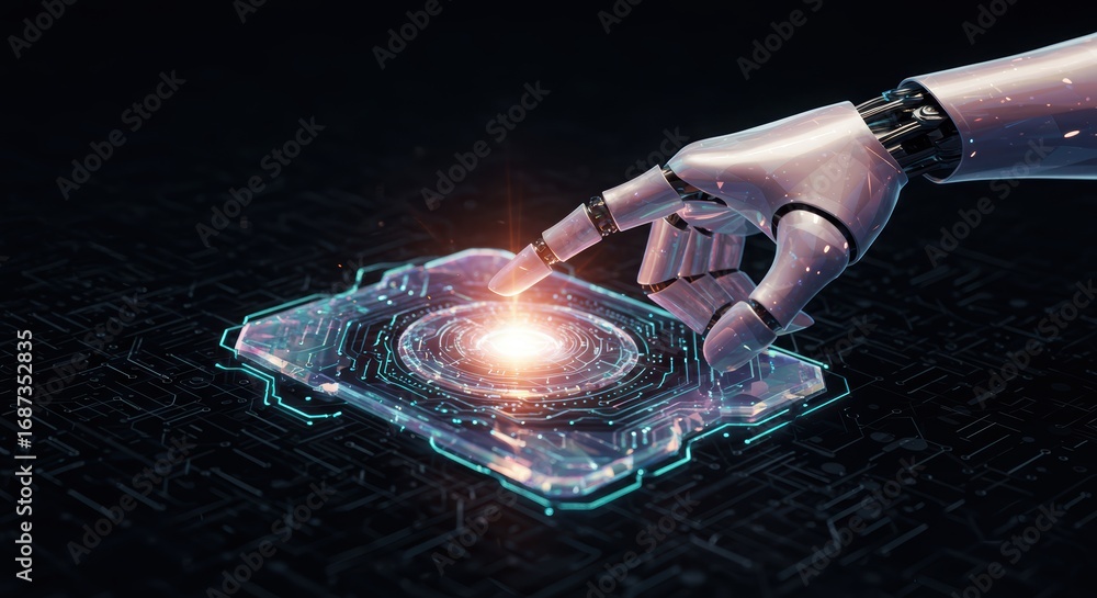 Poster a gleaming metallic robot hand extends a finger to touch a glowing futuristic interface panel with c