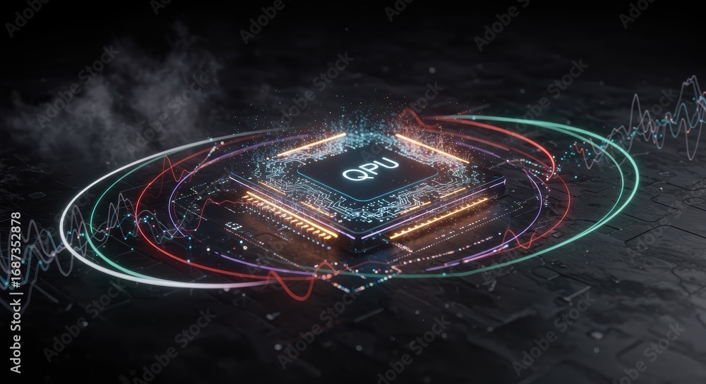 Aufkleber an illuminated quantum processor unit with circuit board and flowing data streams rests on a dark te