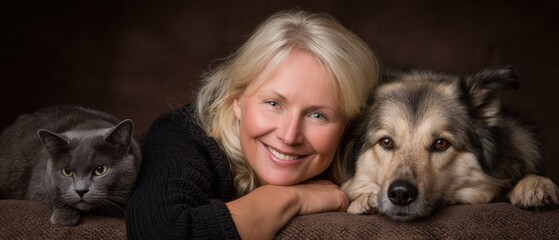 Happy elderly woman smiling with her adorable dog and cat lying on sofa in cozy home setting du daytime