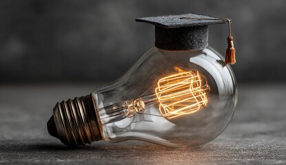 A lit light bulb with a graduation cap, suggesting education & innovation against a blurred, dark background