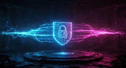 A glowing digital shield with a padlock hovers above a futuristic platform, surrounded by vibrant blue and pink energy streams in a dark, technological space.