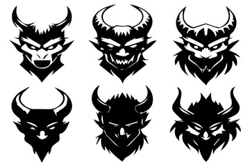 Evil Demon Faces Silhouette Vector | Scary Monster Head Clipart for Halloween