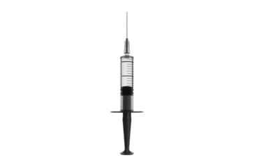 A close up medical syringe filled with dark liquid isolated on transparent background