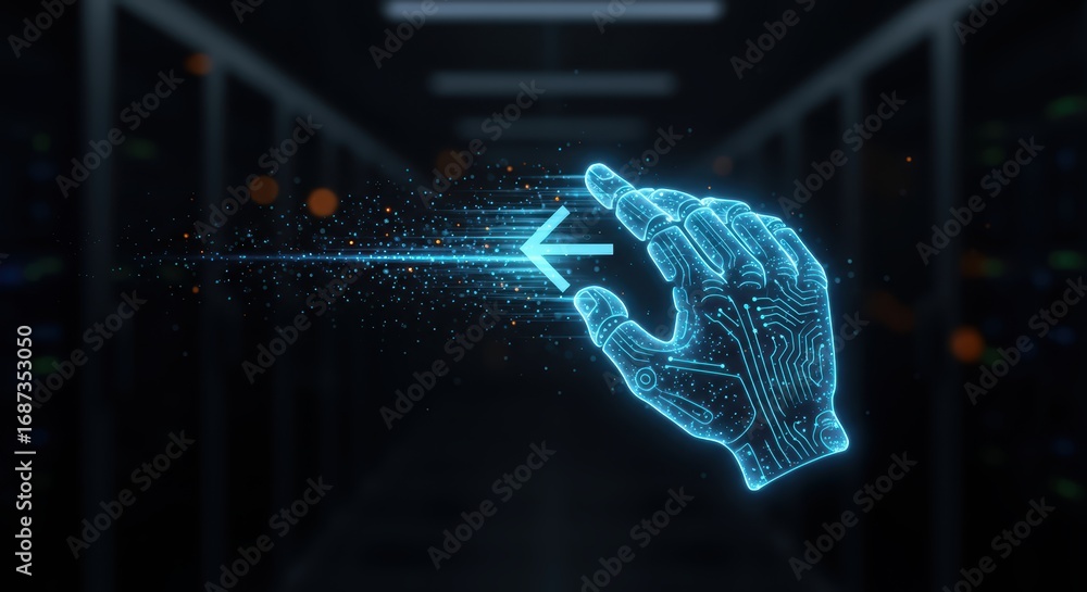 Poster a holographic hand interface swipes left, emitting glowing particles in a dark server room, signifyi