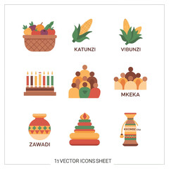 A conceptual collection of flat vector icons illustrating the cultural symbols and principles of the Kwanzaa celebration