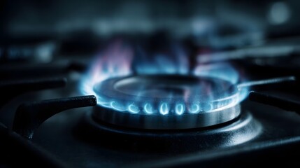 Gas stove burner ignites with a vivid blue flame signaling heat and cooking readiness