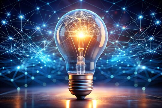 Glowing incandescent light bulb with a network of blue digital connections, symbolizing innovation and ideas