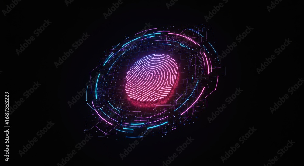 Poster a glowing fingerprint emerges within a circular network of circuits, lines, and nodes, set against a