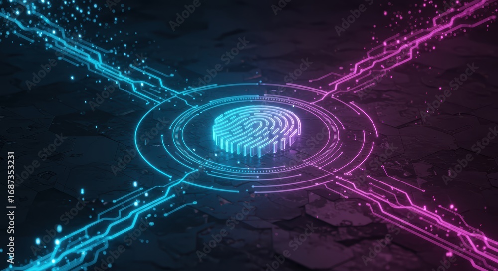 Aufkleber a glowing digital fingerprint surrounded by neon circuit paths emerges from a dark textured surface,