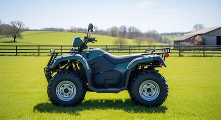 All Terrain Vehicle on Verdant Field near Farm Buildings in Pleasant Sunlight