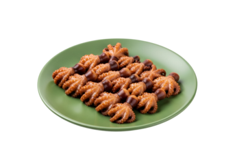 A plate of cooked baby octopus tentacles arranged neatly on a vibrant green plate against a black background.