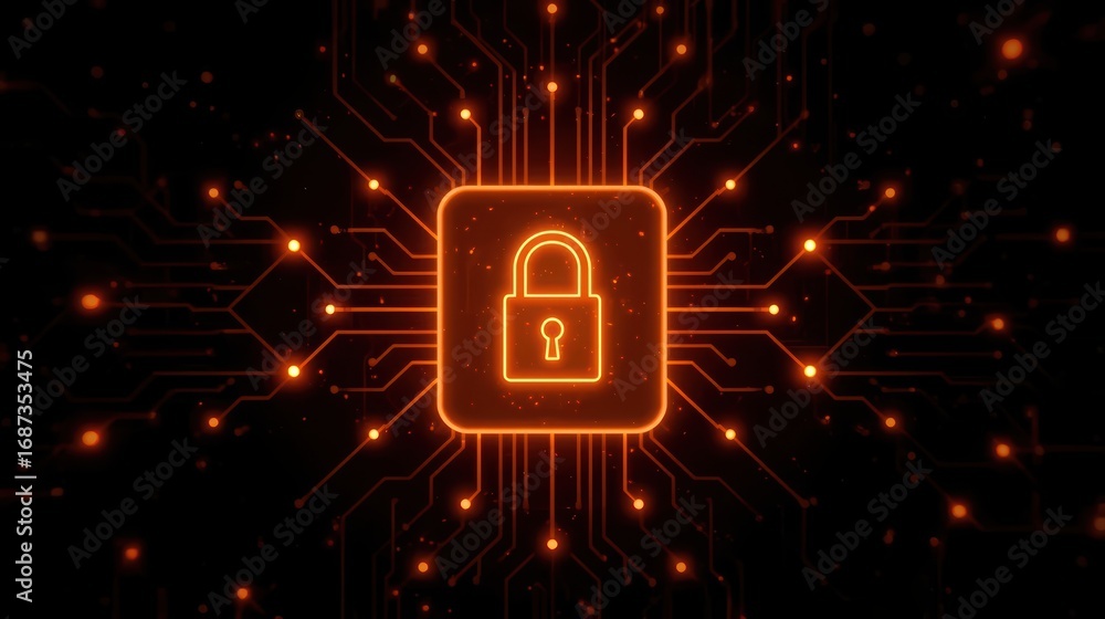 Aufkleber glowing orange padlock icon is centered on a dark background, connected by circuit board style lines