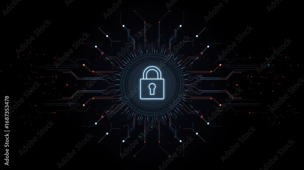 Poster digital padlock secured with glowing blue lines, representing data security and information protecti