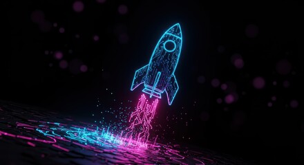 An electrifying digital rocket takes off in a burst of pink and blue light, symbolizing innovation and a powerful surge forward in a futuristic digital landscape.