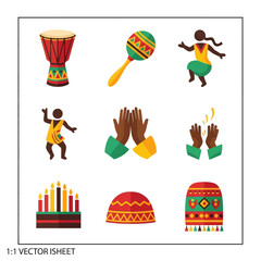 A conceptual set of vector icons representing Kwanzaa and African traditions including music, dance, and festive symbols