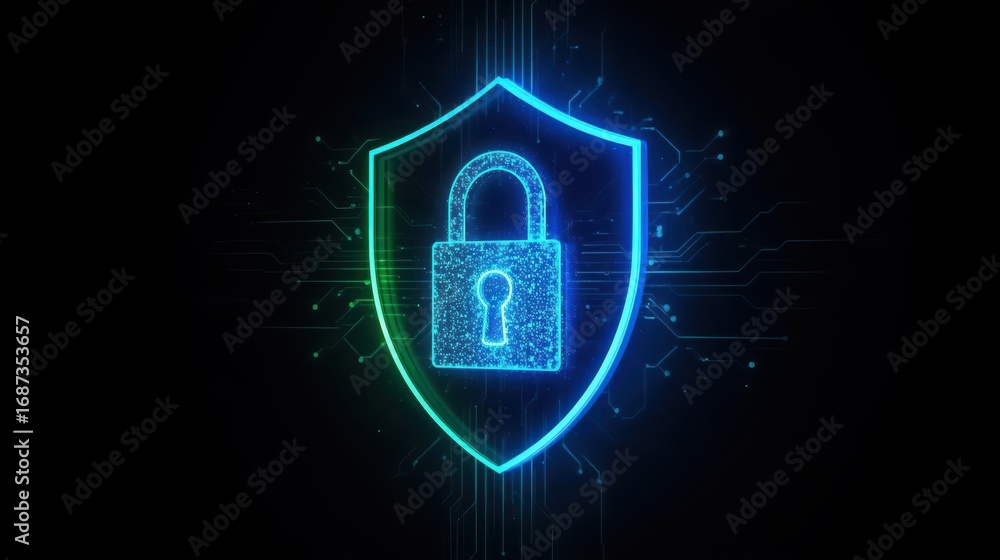 Aufkleber illuminated digital shield with a glowing padlock protects sensitive data against cyber threats thro
