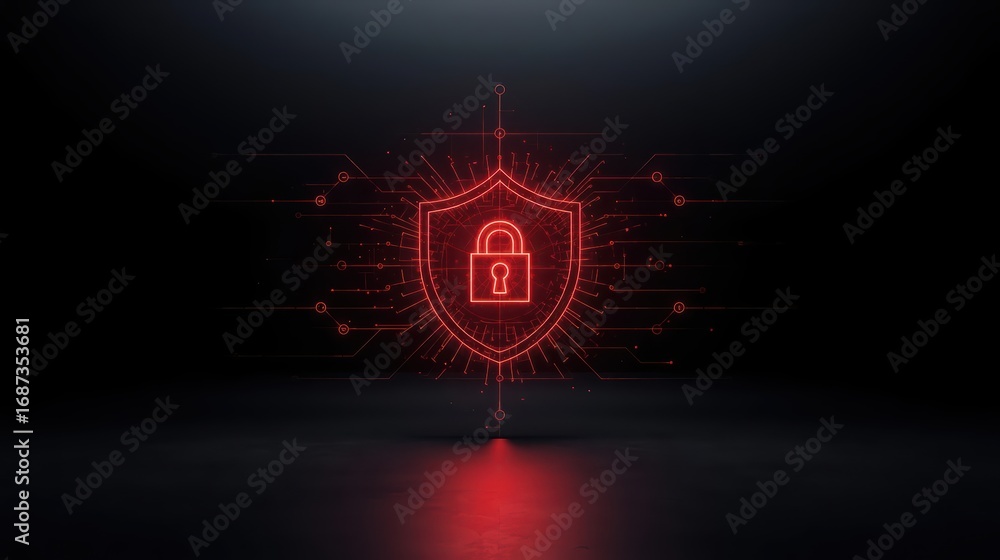 Poster a glowing red shield with a padlock in the center is displayed with digital circuit lines on a dark 