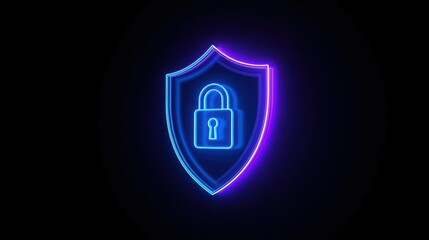 A glowing neon blue and purple shield with a padlock in the center represents cybersecurity and data protection against online threats on a black background.