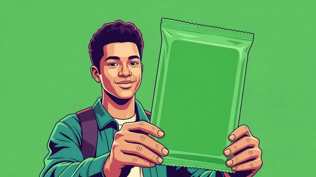 Young man holding a blank green snack package perfect for product mockup and advertising, showcasing a smiling student with a backpack against a green background.
