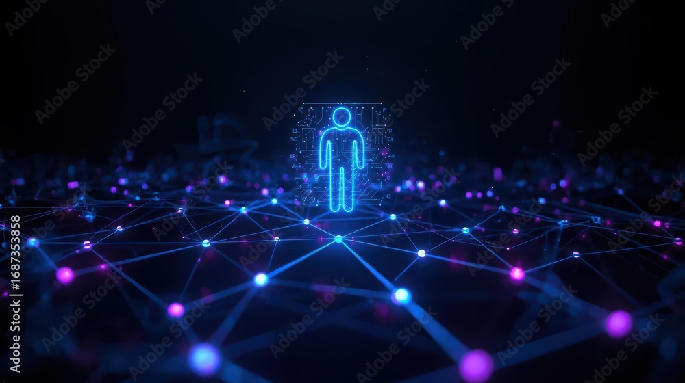 Poster a glowing digital avatar stands amidst a network of interconnected nodes, representing human connect