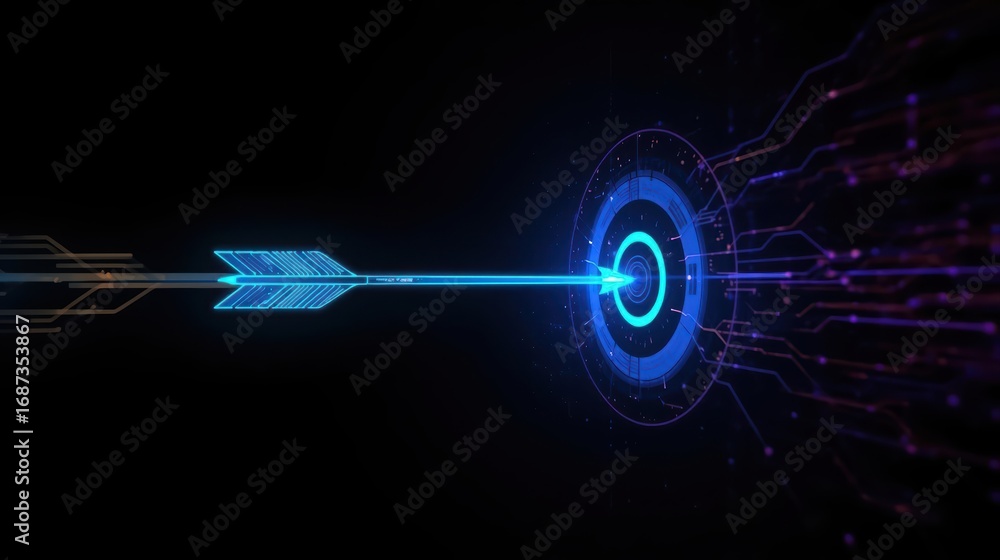 Poster an arrow made of glowing blue light hits the center of a circular , surrounded by circuit patterns, 