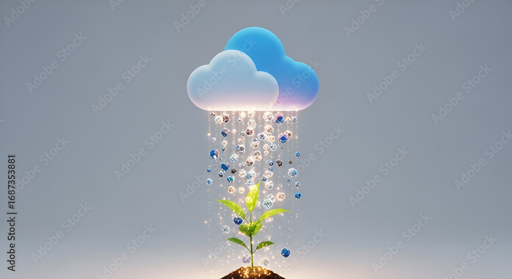 Poster conceptual visualization of data provision: cloud service nurturing growth 3d render