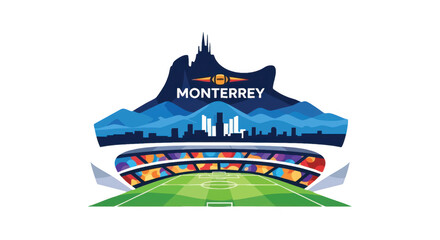 Illustration of monterrey skyline above stadium with field on black background design element