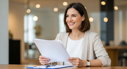 Confident businesswoman reviewing documents at her desk, smiling in modern office environment