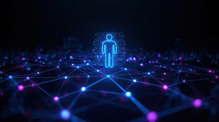 A glowing digital avatar stands amidst a network of interconnected nodes, representing human connection and the flow of information in the modern digital age.
