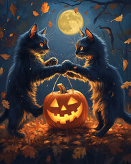 Fototapeta premium Whimsical halloween art print, two sleek black cats playing with a glowing jack-o-lantern on a mystical moonlit night, surrounded by falling autumn leaves and delicate glitter, in a playful yet spooky