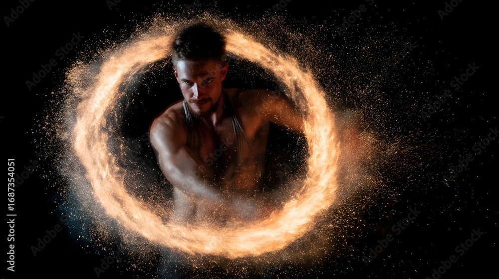 Poster a muscular man performs with a swirling ring of glowing particles creating a magical effect