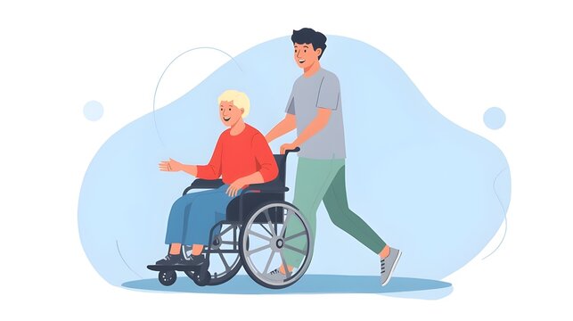 Volunteer young man is walking an older grey haired woman on a wheelchair. 5 December the International Volunteer Day. Social workers taking care about seniors people. Caring for the elderly.