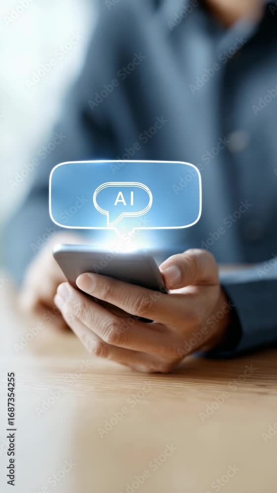 Poster businessman using smartphone with ai chatbot on wooden table, demonstrating artificial intelligence 