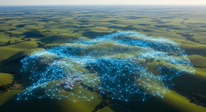Digital landscape: Visualization of data network across rural rolling hills farmland