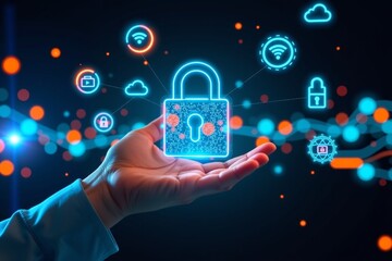 Futuristic Cybersecurity Digital Scene with Holographic Lock