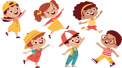 Vector Illustration Of Children Playing Jumping kids. Happy funny children playing and jumping in different action poses education little team vector characters. Illustration of kids and children fun