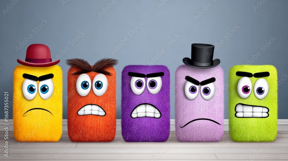 Poster row of stuffed animals with different colors and expressions