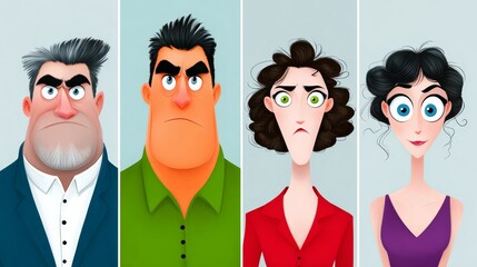 Four cartoon characters with different facial expressions