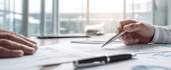 The hands of business professionals collaborating over important documents