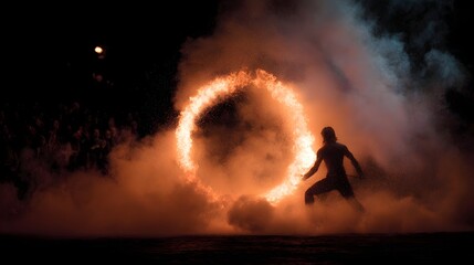 A performer spins a flaming ring during a dramatic nighttime fire show with spectators watching