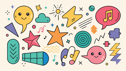 A variety of bright, hand-drawn icons, each uniquely designed, displayed together on a neutral backdrop..eps