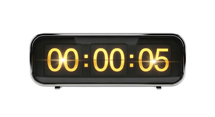 A close up of a digital clock displaying zero hours zero minutes and five seconds on a black background