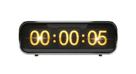 A close up of a digital clock displaying zero hours zero minutes and five seconds on a black background