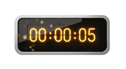 A digital clock displaying zero hours zero minutes and five seconds on a black background screen